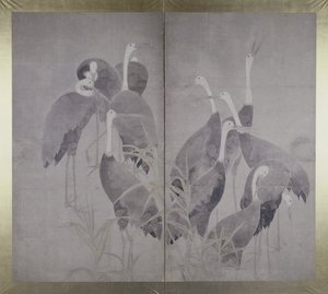 Elf vrouwelijke kraanvogels in droog rietbed, ca. 1700-50 door Ogata Korin